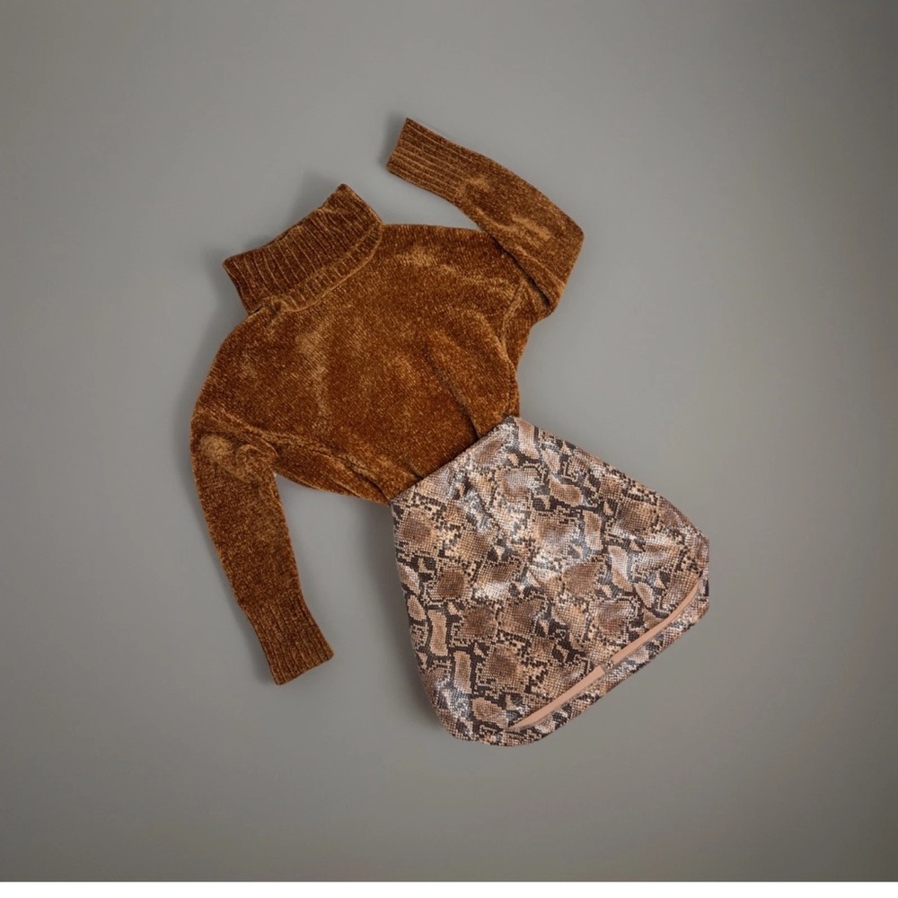 Vestique Brown Textured Sweater and Snake Print Skirt